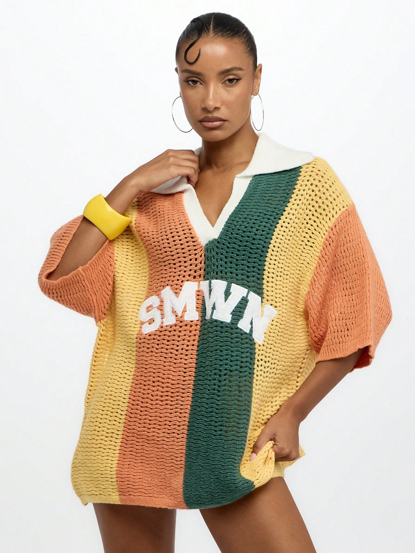 Elegant Oversized Crochet Knit Polo Top