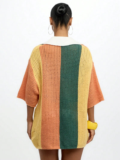 Elegant Oversized Crochet Knit Polo Top