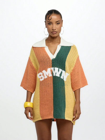Elegant Oversized Crochet Knit Polo Top