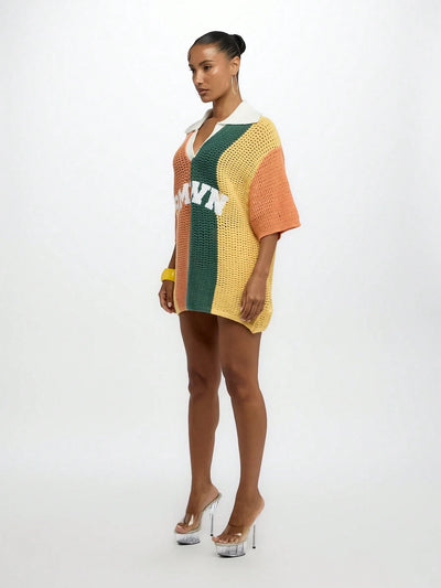 Elegant Oversized Crochet Knit Polo Top