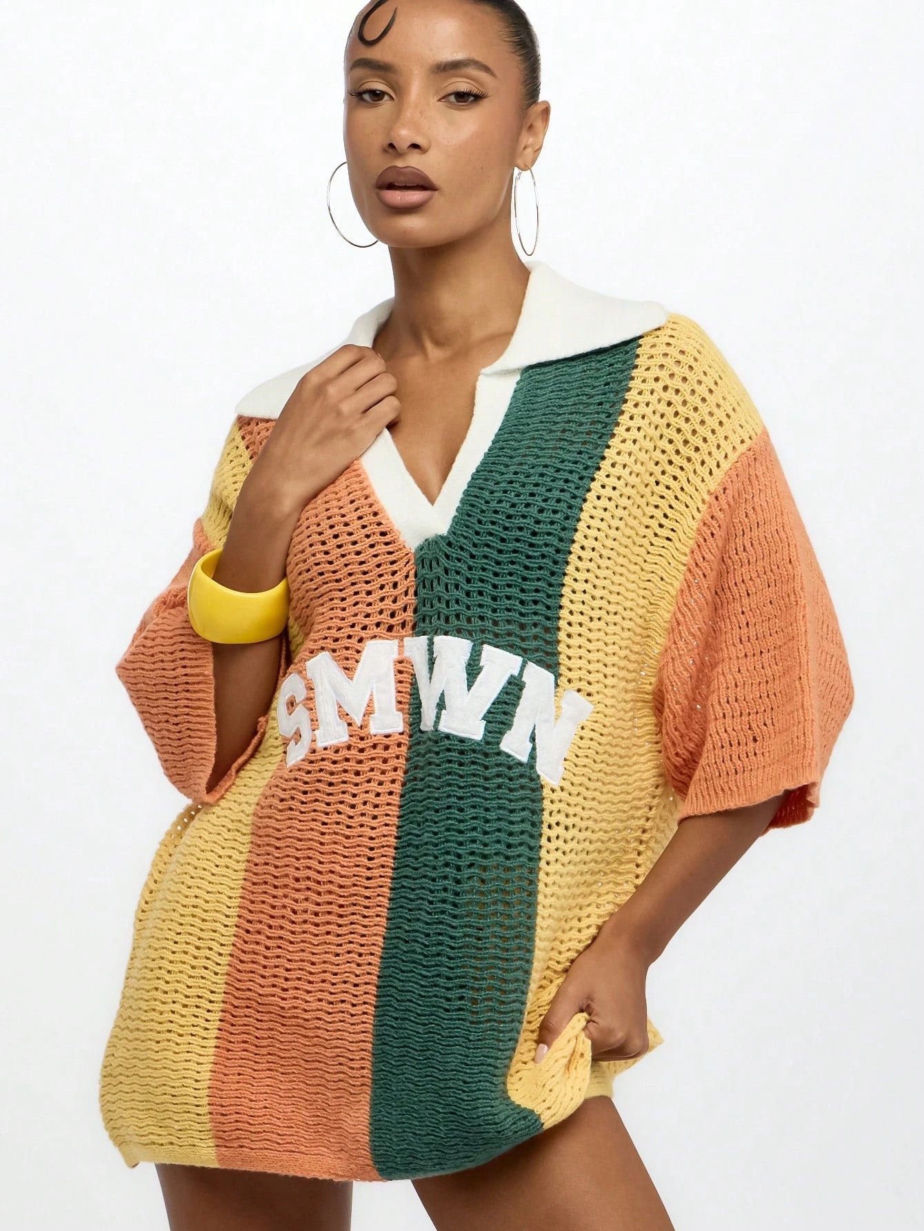 Elegant Oversized Crochet Knit Polo Top