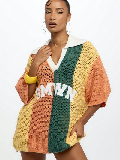 Elegant Oversized Crochet Knit Polo Top
