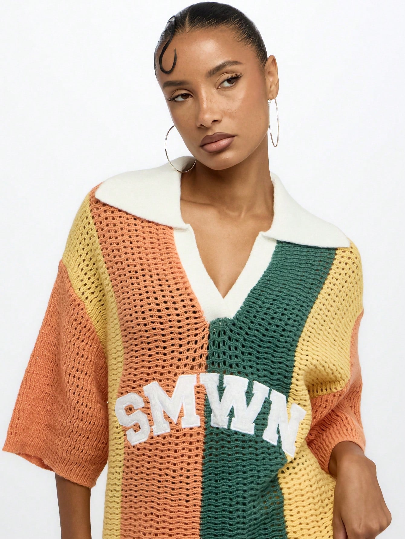 Elegant Oversized Crochet Knit Polo Top