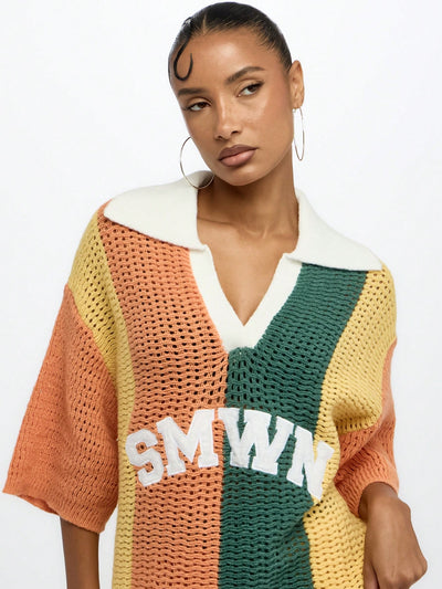 Elegant Oversized Crochet Knit Polo Top