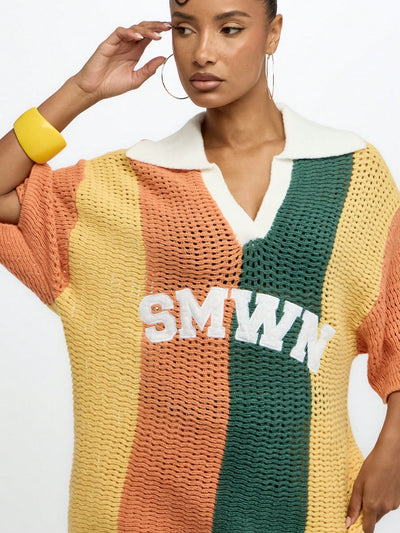 Elegant Oversized Crochet Knit Polo Top