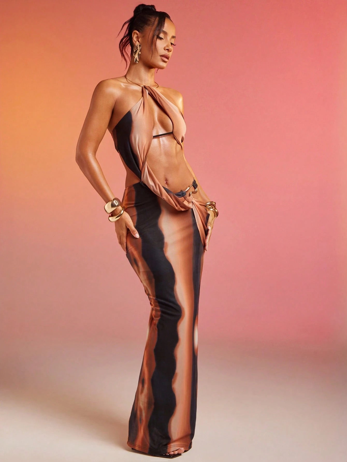 Dramatic Plunge Neck Printed Mesh Maxi Dress
