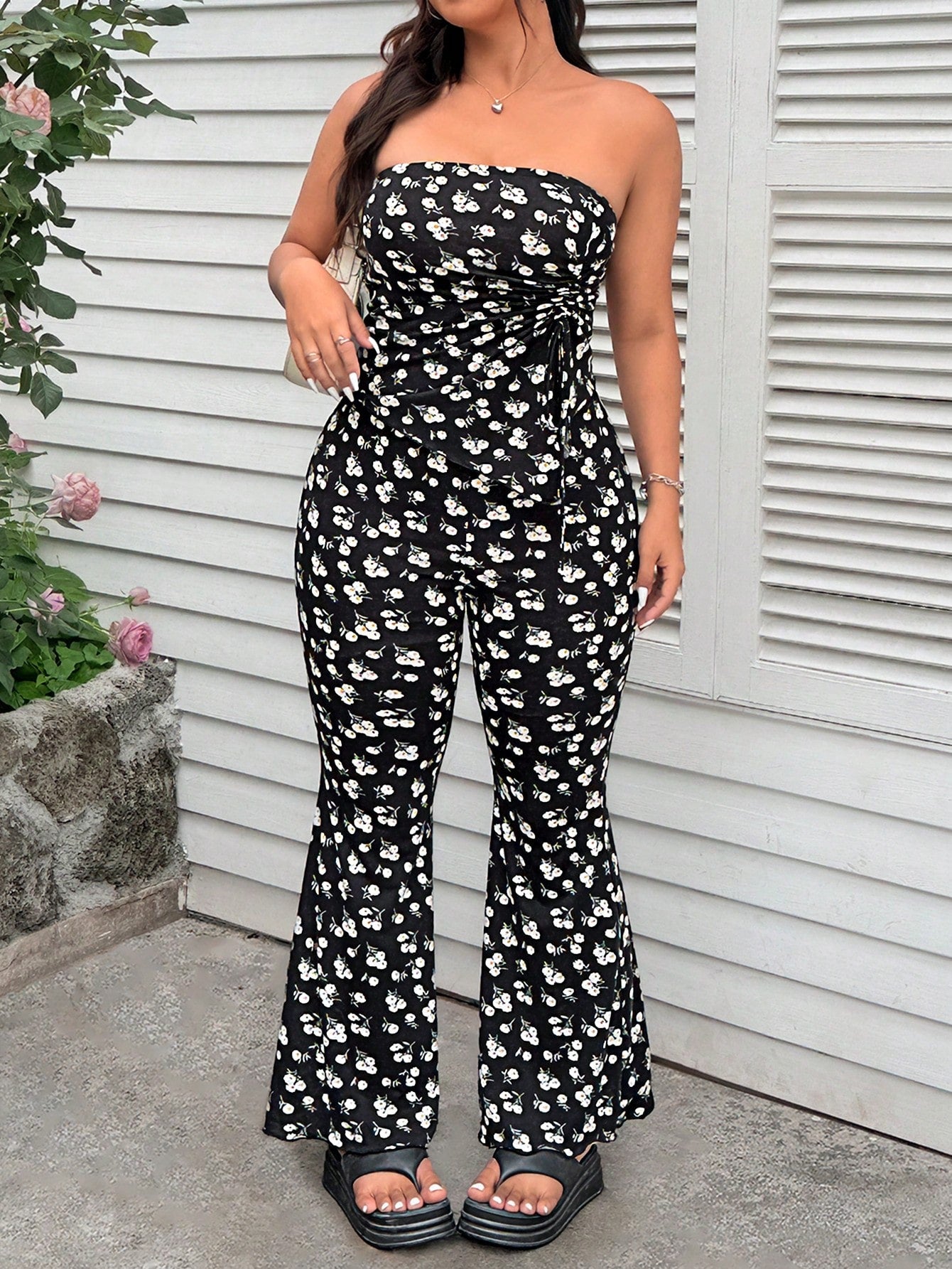 Elegant Coffee Bandeau Top & Flare Pants Set