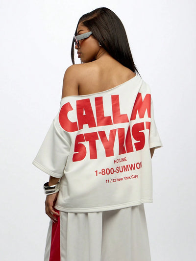 Stylish Off Shoulder Oversized Graphic Tee