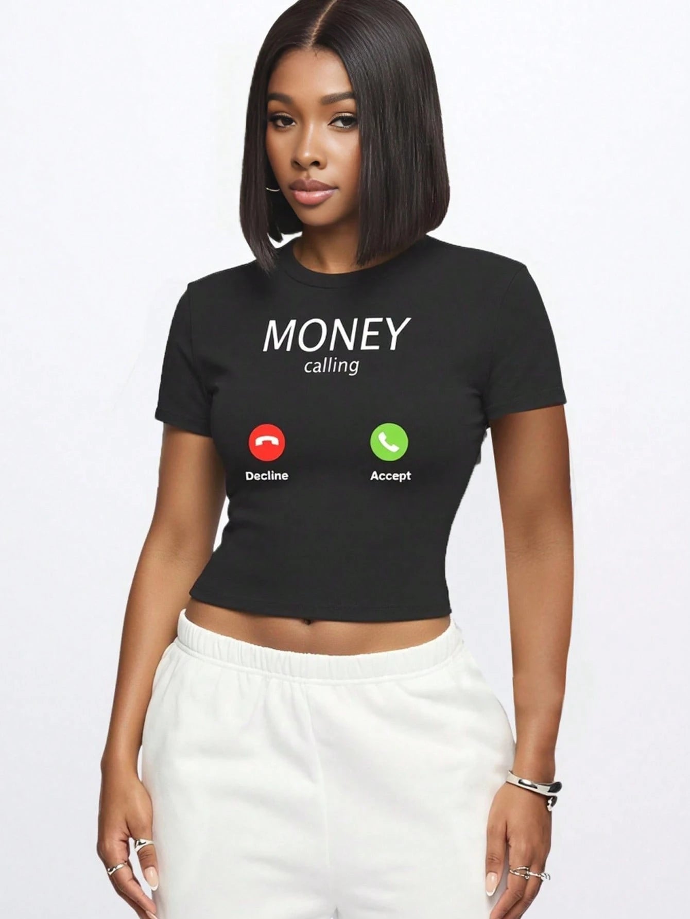 Money Print Minimalist Round Neck Tee for Women