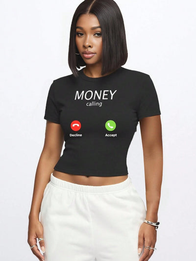 Money Print Minimalist Round Neck Tee for Women