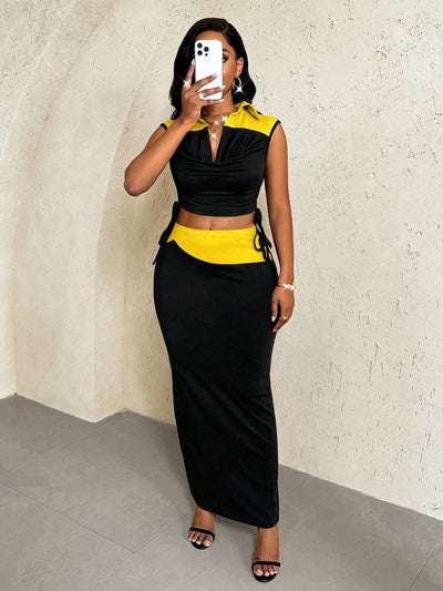 2025 Summer Contrast Deep V-Neck Set