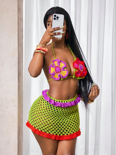 Vibrant Flower Tie Suspender Sweater Set