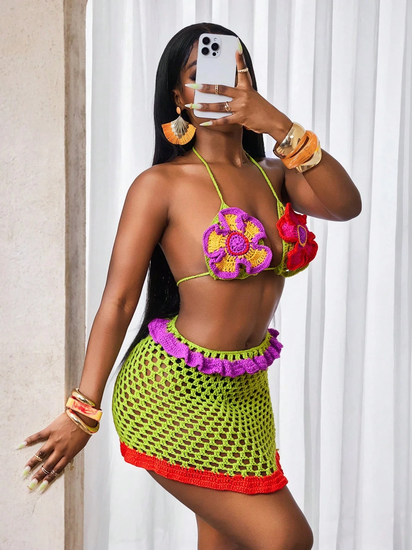 Vibrant Flower Tie Suspender Sweater Set