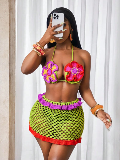 Vibrant Flower Tie Suspender Sweater Set