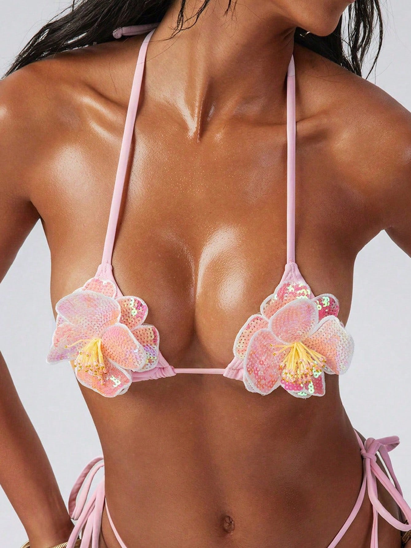 3D Sequin Floral Halter-Neck Tie Top