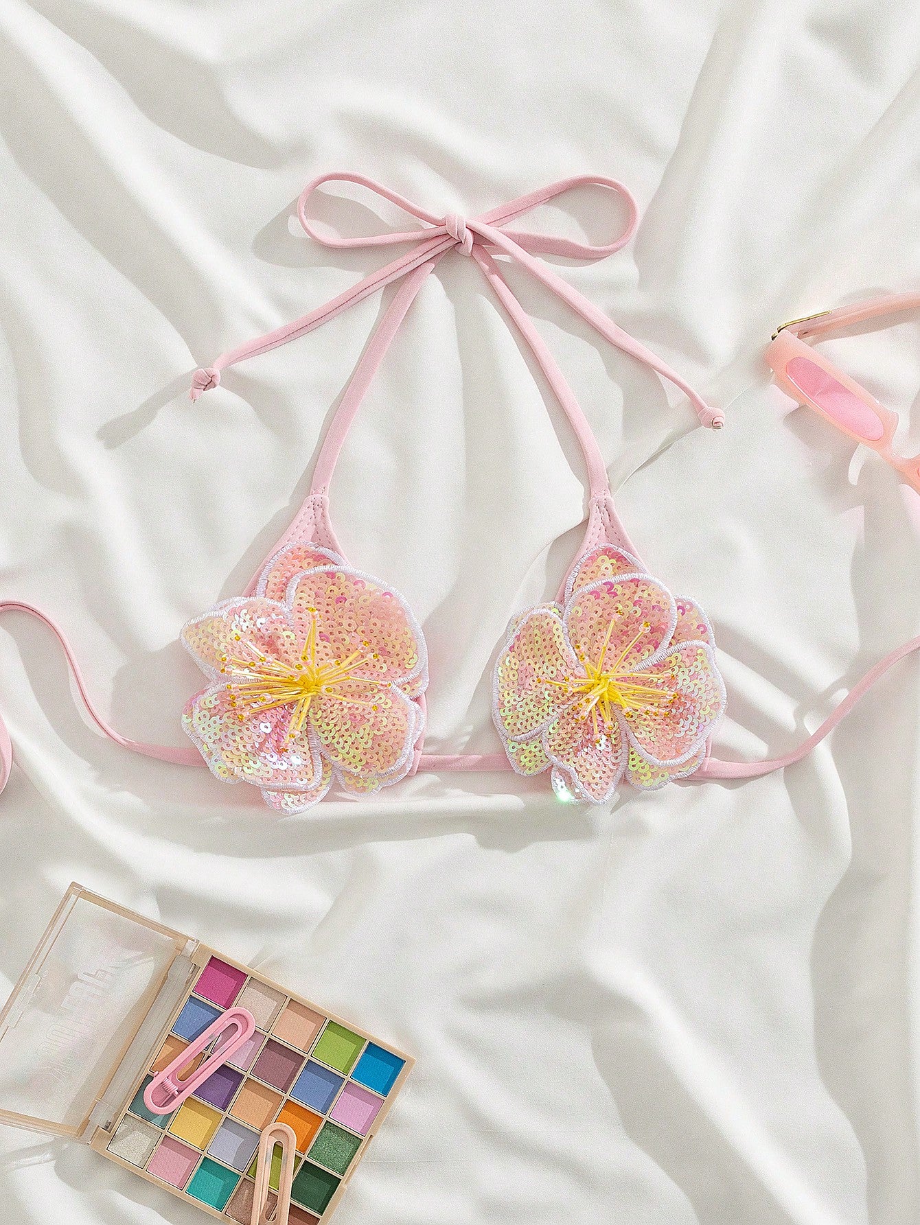 3D Sequin Floral Halter-Neck Tie Top