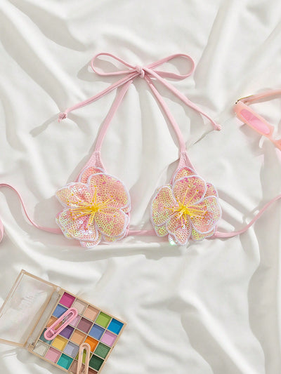 3D Sequin Floral Halter-Neck Tie Top