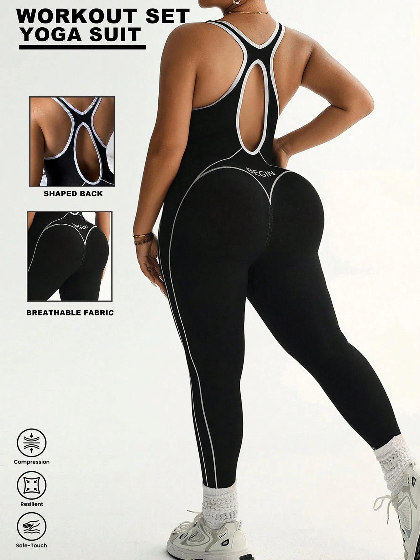 Plus Size Seamless Black and White Sports Jumpsuit