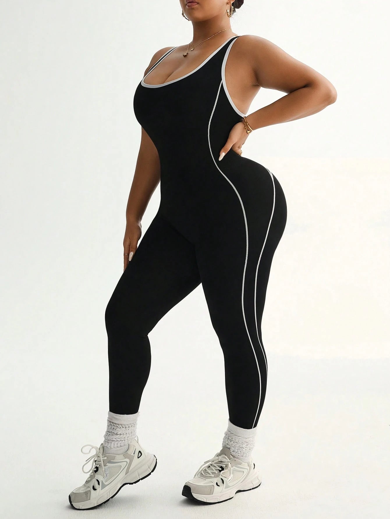 Plus Size Seamless Black and White Sports Jumpsuit