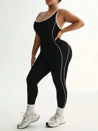 Plus Size Seamless Black and White Sports Jumpsuit