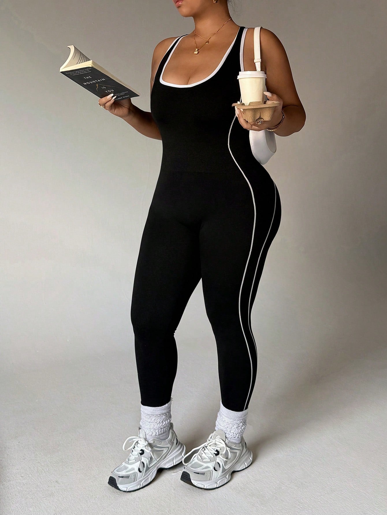 Plus Size Seamless Black and White Sports Jumpsuit