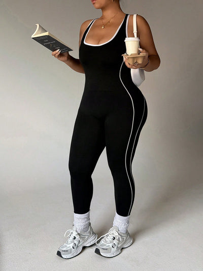Plus Size Seamless Black and White Sports Jumpsuit