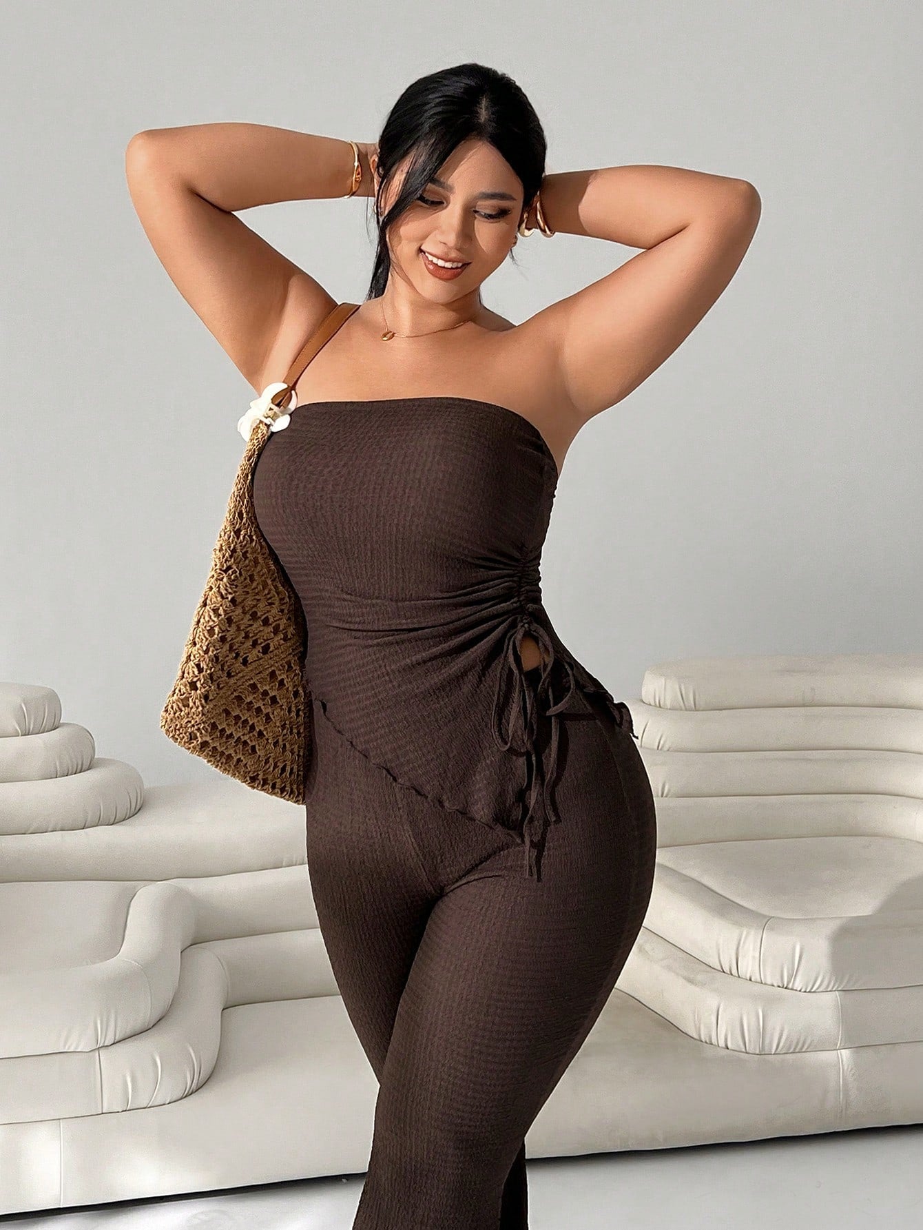 Elegant Coffee Bandeau Top & Flare Pants Set