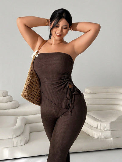 Elegant Coffee Bandeau Top & Flare Pants Set