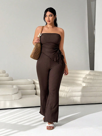Elegant Coffee Bandeau Top & Flare Pants Set