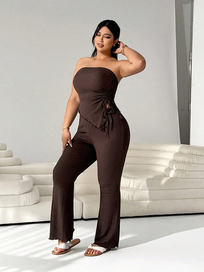 Elegant Coffee Bandeau Top & Flare Pants Set
