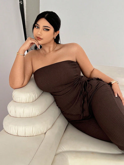 Elegant Coffee Bandeau Top & Flare Pants Set