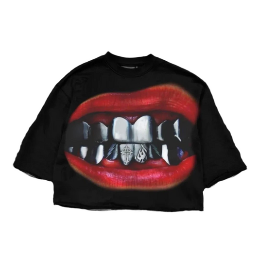 Y2K Hip Hop Teeth Graphic Print Oversized T-Shirt - Black