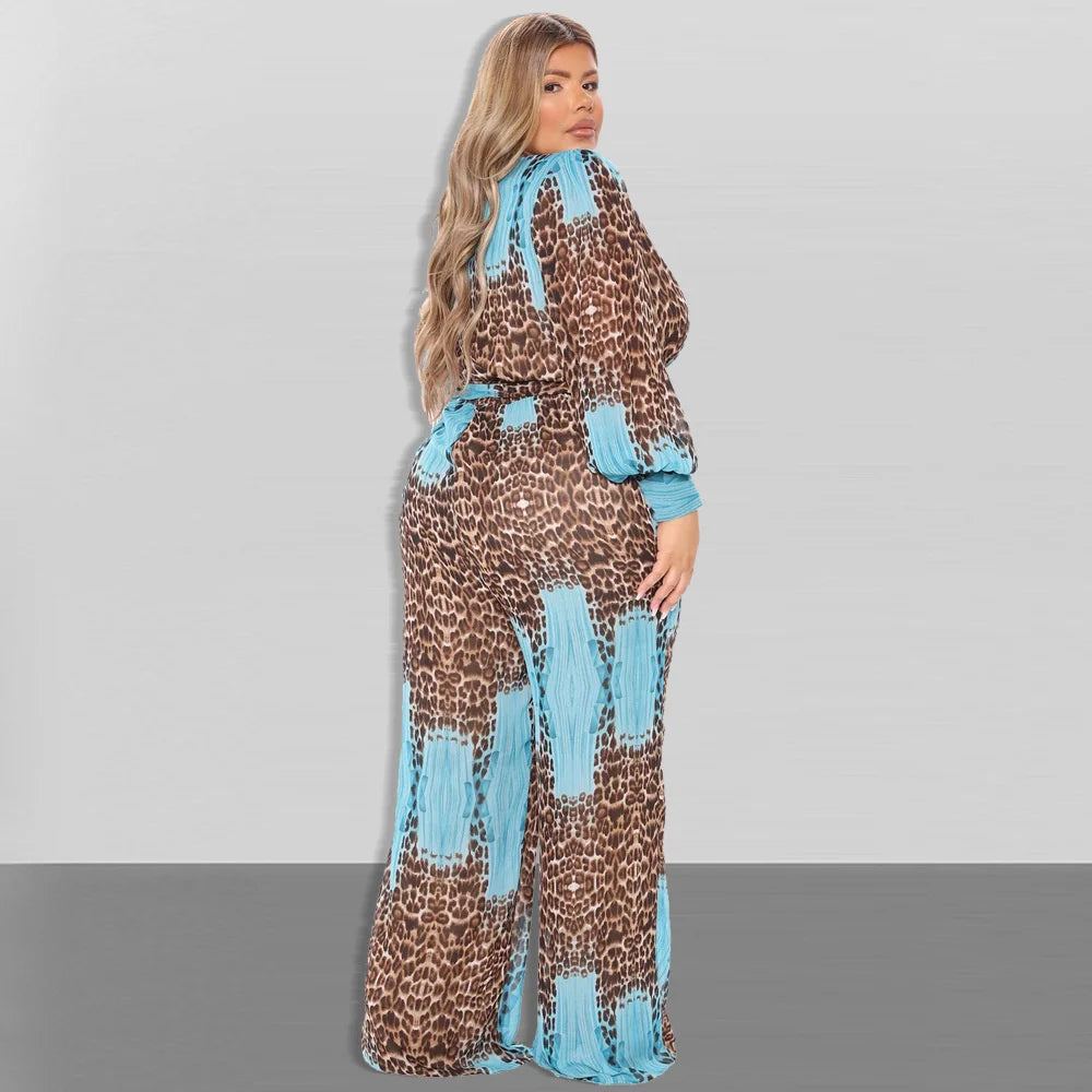 Chic Plus Size Leopard Print Wide Leg Jumpsuit.