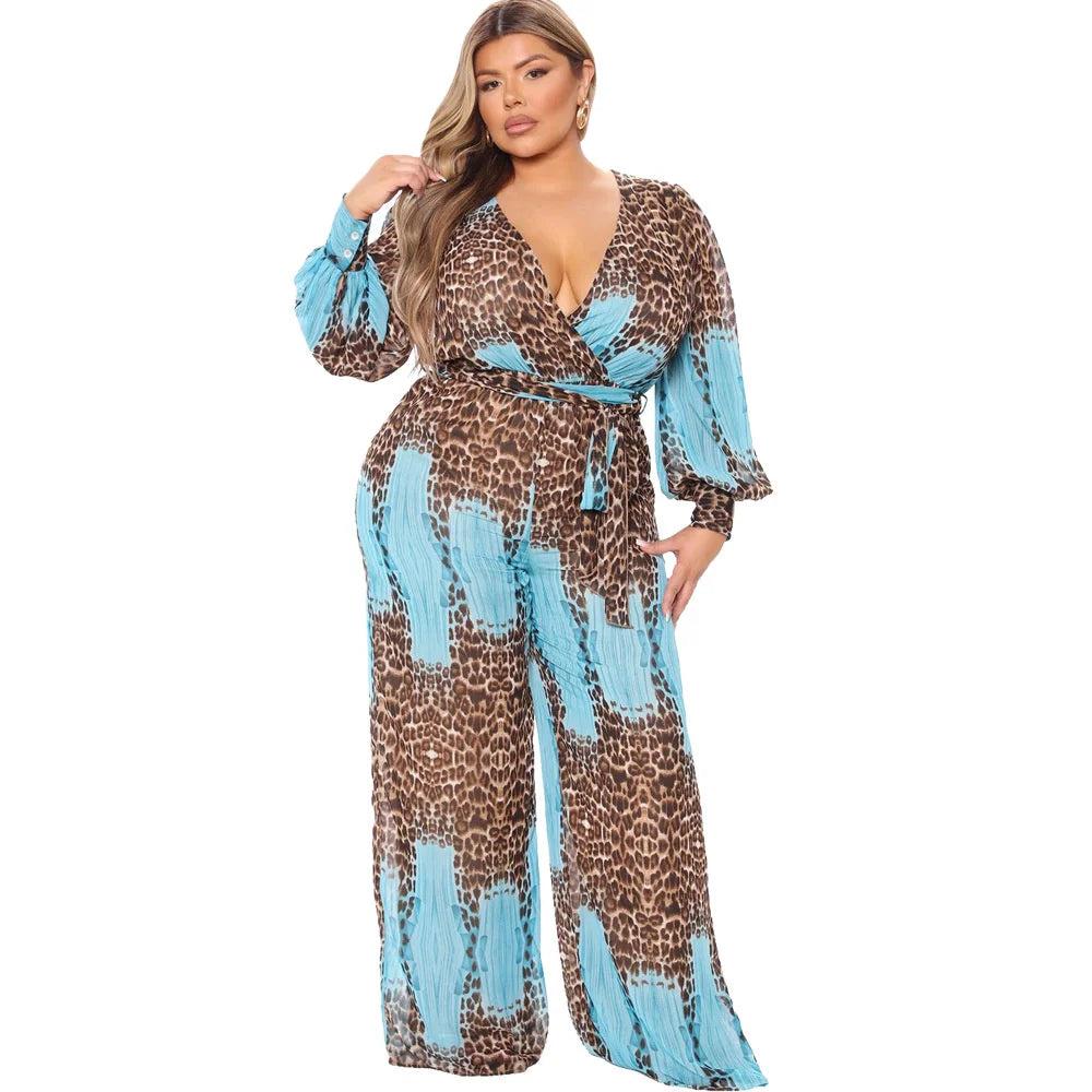 Chic Plus Size Leopard Print Wide Leg Jumpsuit.