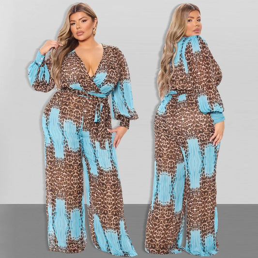 Chic Plus Size Leopard Print Wide Leg Jumpsuit.