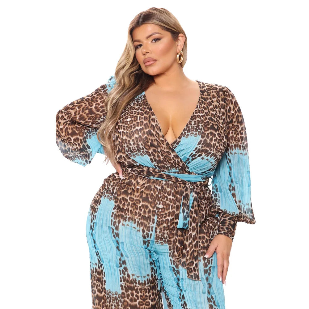 Chic Plus Size Leopard Print Wide Leg Jumpsuit.