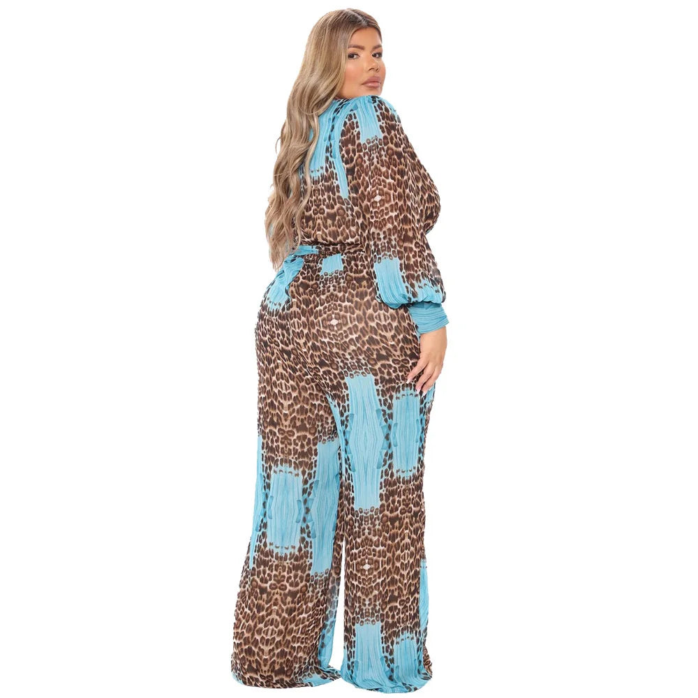 Chic Plus Size Leopard Print Wide Leg Jumpsuit.