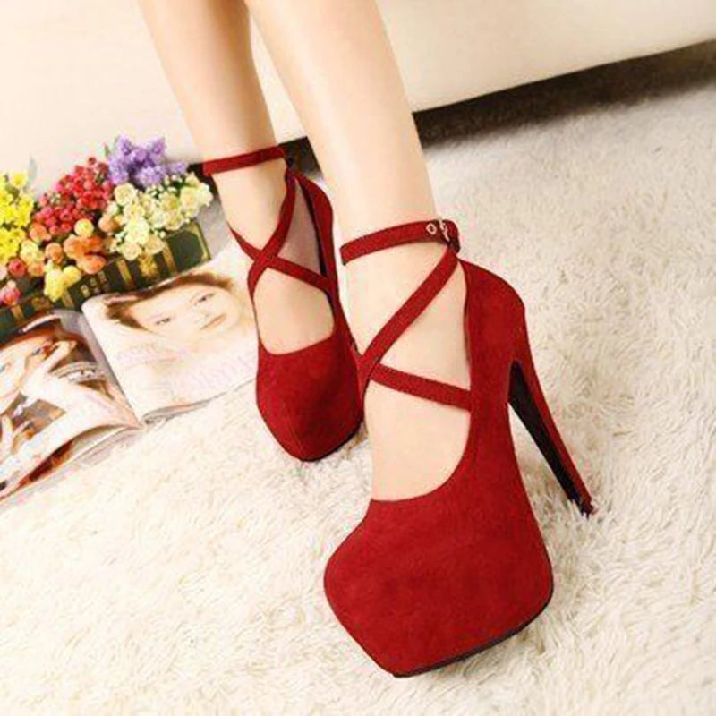 Chuqing Stylish Cross-Tied Ankle Strap High Heels.