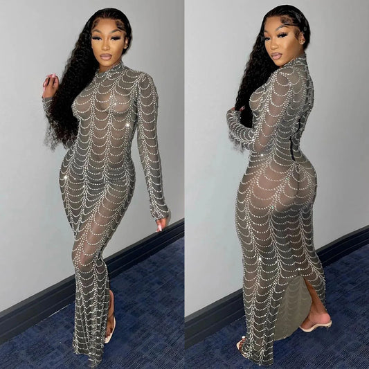 Chic Mesh See-Through Long Sleeve Dress.