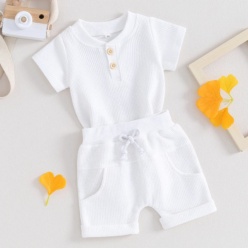 Summer Button Baby Clothes Set - Cotton Waffle Romper & Shorts