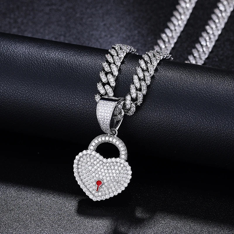 Dazzling Moissanite Heart Lock Necklace in Sterling Silver.