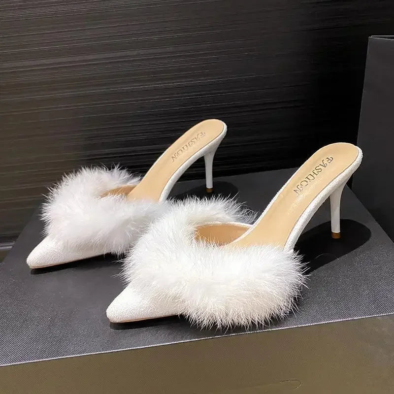 Women's Plush Pointed Toe High Heels Winter Mules Slippers