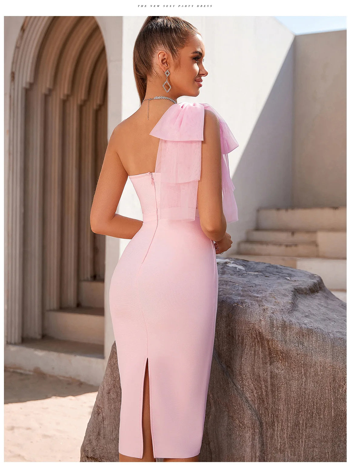 One Shoulder Bandage Dress with Bow - Celebrity Look.