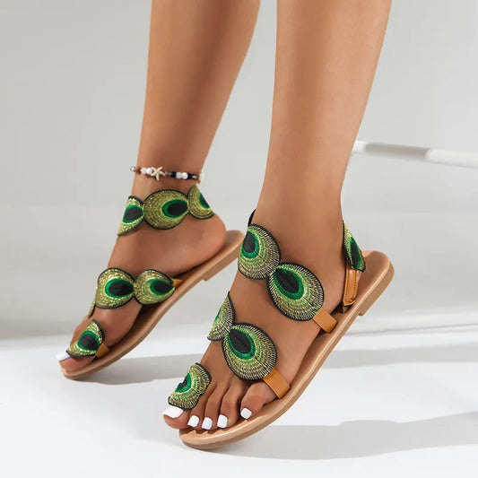 Women’s Peacock Roman Sandals - Boho Flat Beach Sandals