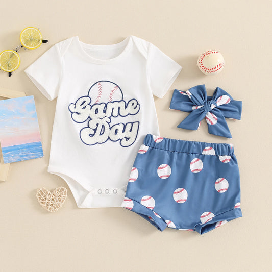 Cute Summer Toddler Girls Outfit - Romper, Baseball Shorts & Headband Set