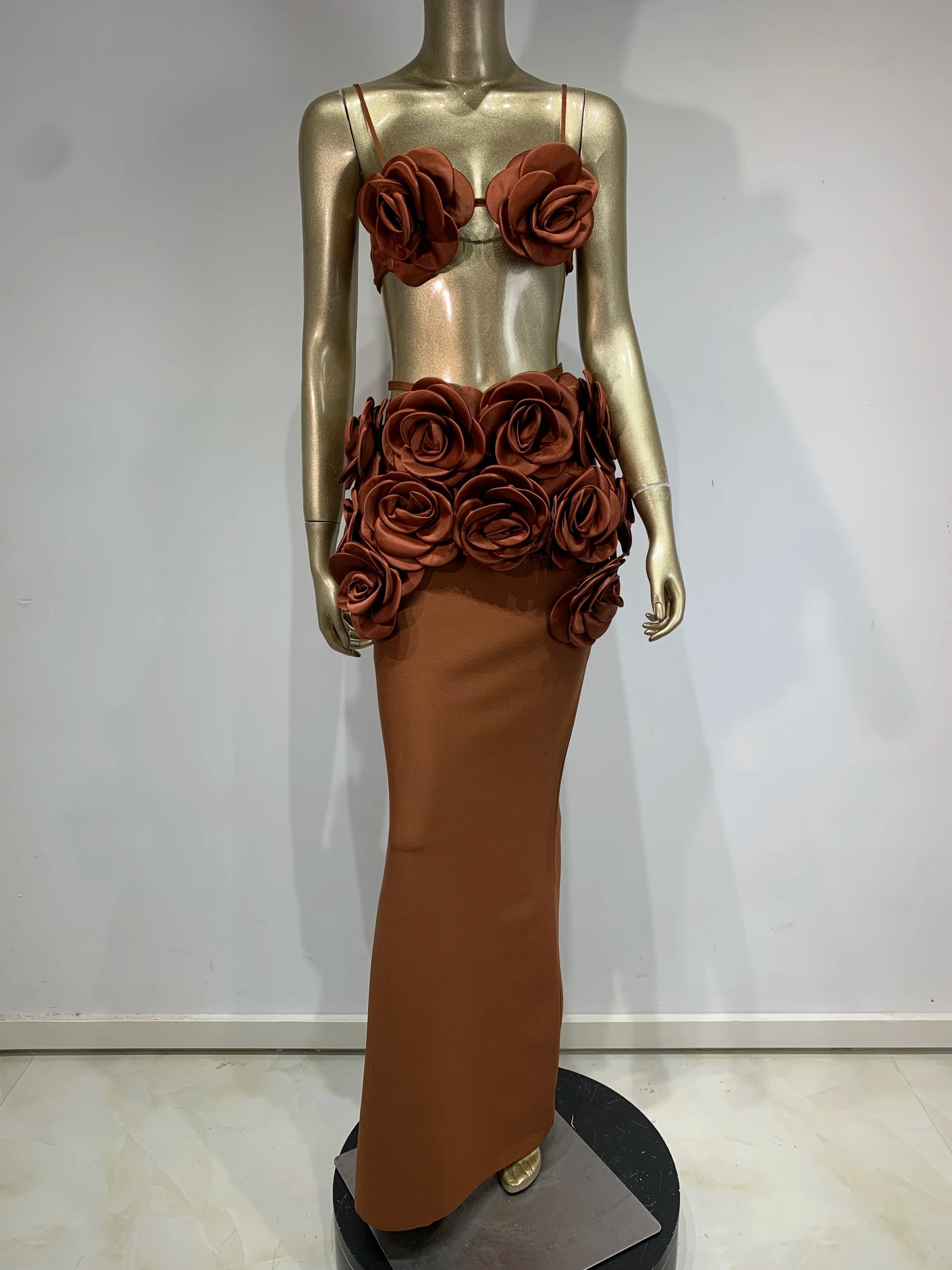 Celebrity Inspired Brown Backless Maxi Skirt Set.