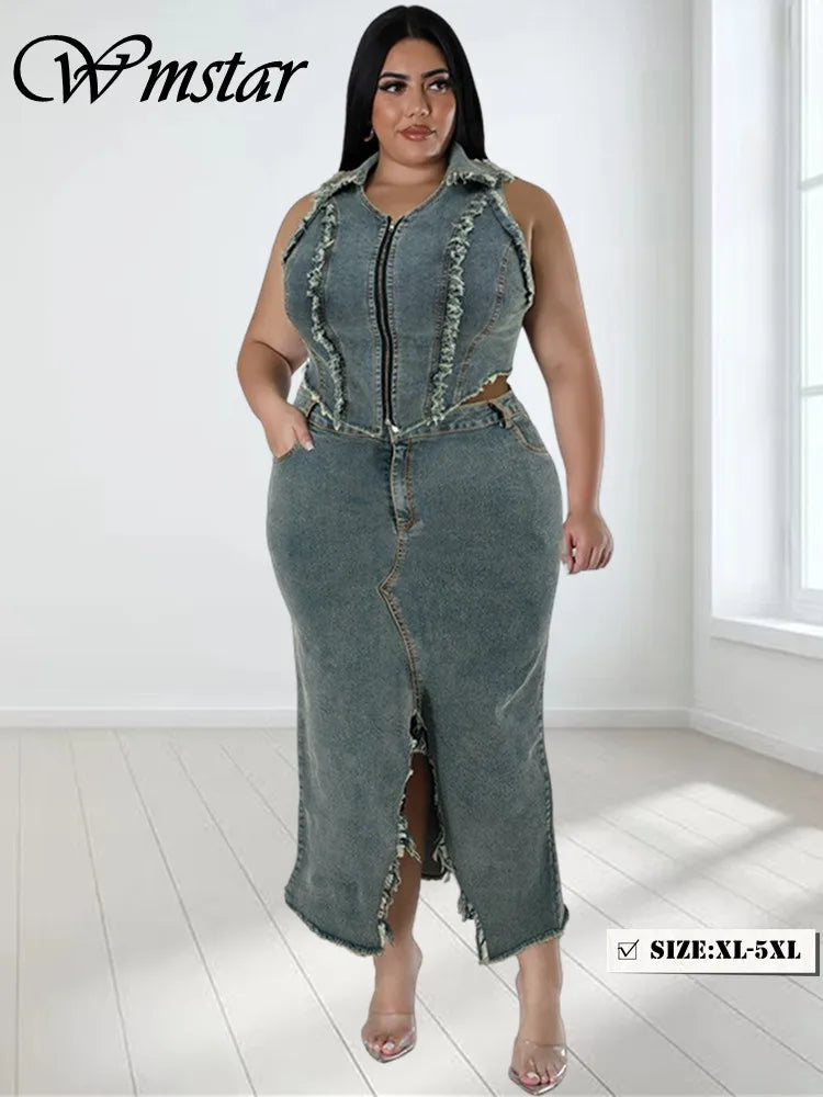 Plus Size Denim Skirt Two Piece Set for Women.