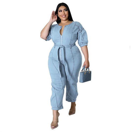 Plus Size Denim Jumpsuit with Zipper & Pockets.