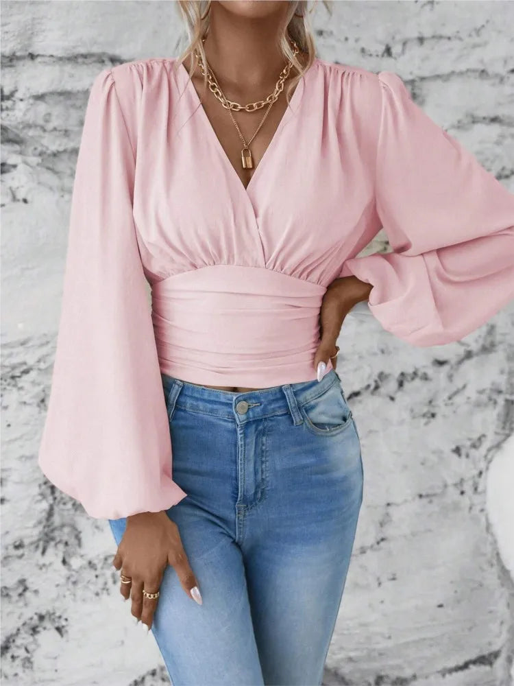 Trendy Women's V-Neck Long Sleeve Top - Chic Style.