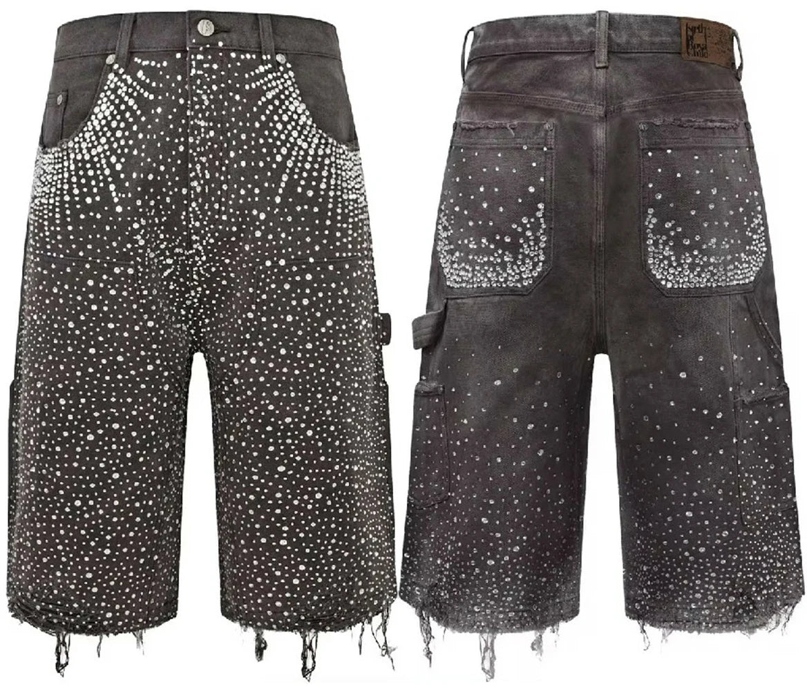 Y2K Baggy Denim Shorts with Rhinestones - Unisex Style